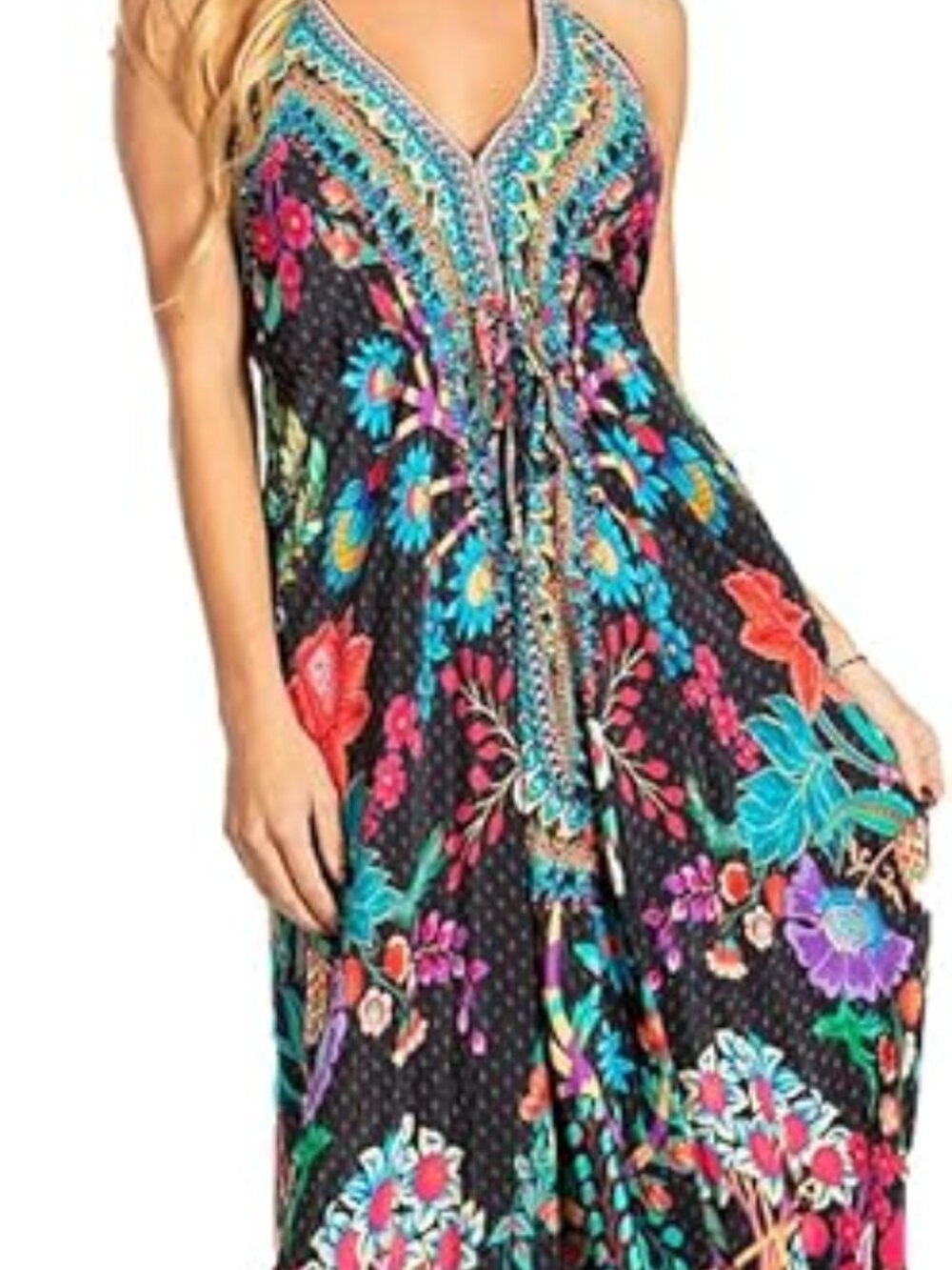 Printed V-Neck Maxi Dress in Black and Gold Tones